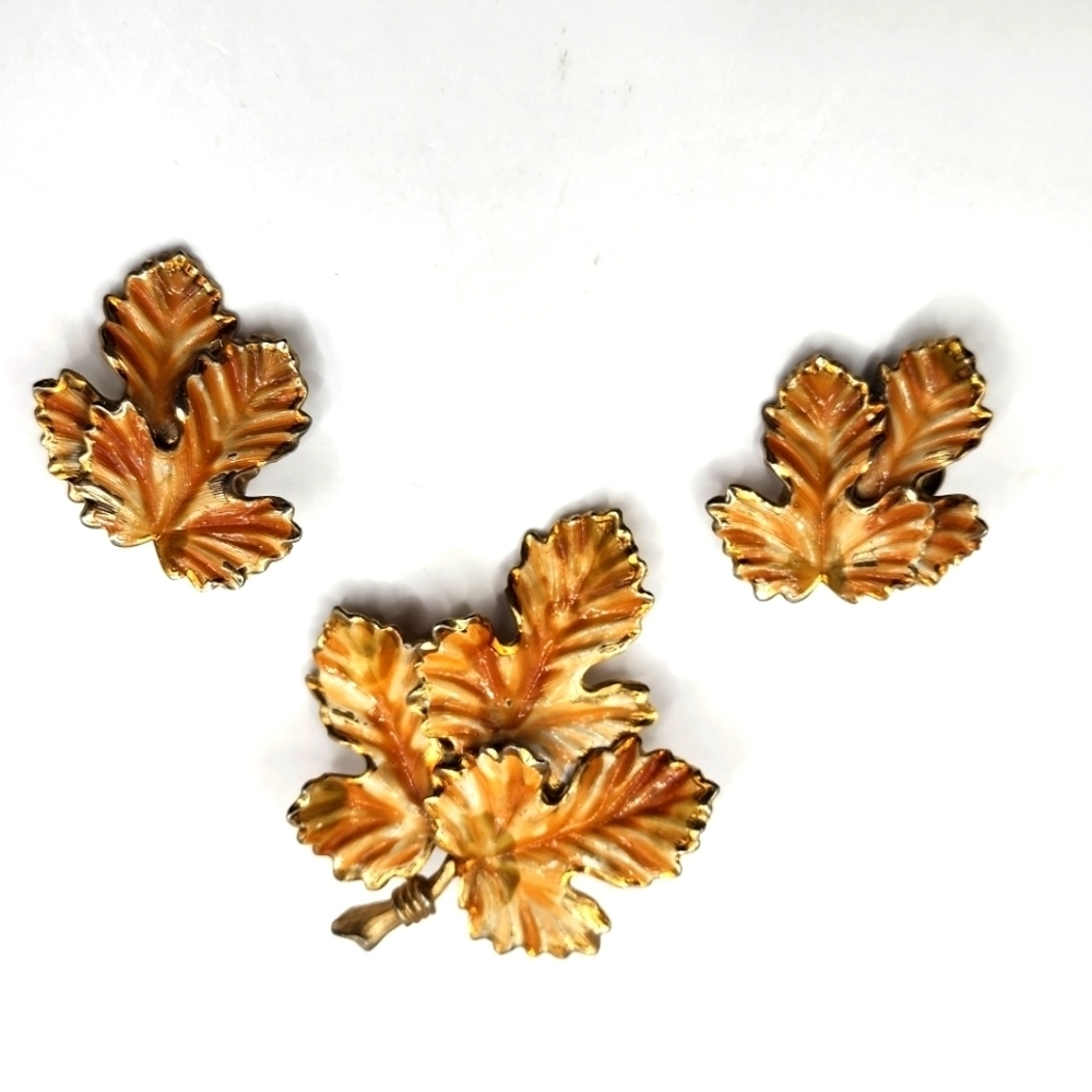 Vintage Enamel Leaf Brooch and Clip On Earring Set